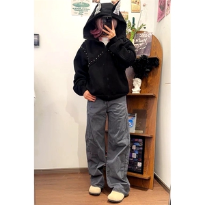 抖音得物高品质26春装美式高街铆钉杜宾犬耳朵开衫卫衣外套W125