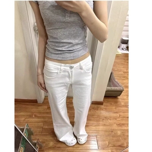 简约白色微喇低腰牛仔裤女春秋季新款高腰韩版ins休闲百搭拖地裤图片