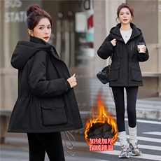 2025年冬季时尚休闲加绒加厚宽松连帽中长款棉衣，女装棉衣/棉服，依恋蒂丝