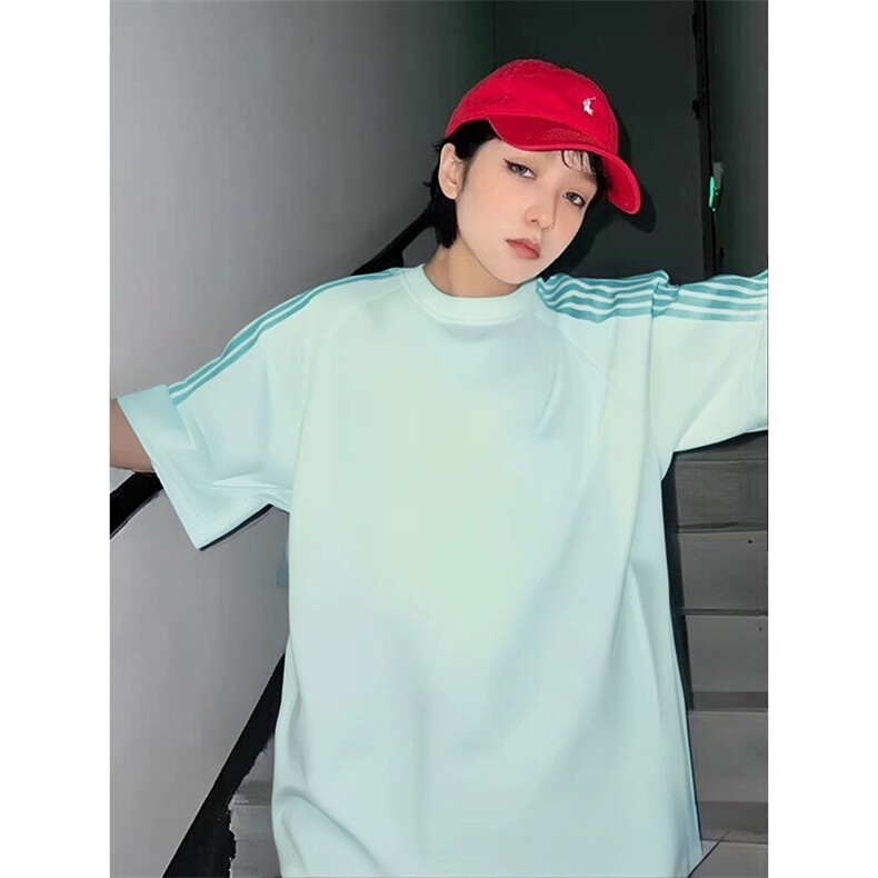 抖音得物品质二开240克宽松纯棉美式潮牌印花三条杠中性风短袖T恤,男装T恤,电商A486