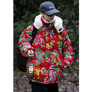 A1情侣装东北大花羊羔毛棉衣保暖防寒风汉服团队服连帽棉袄图片