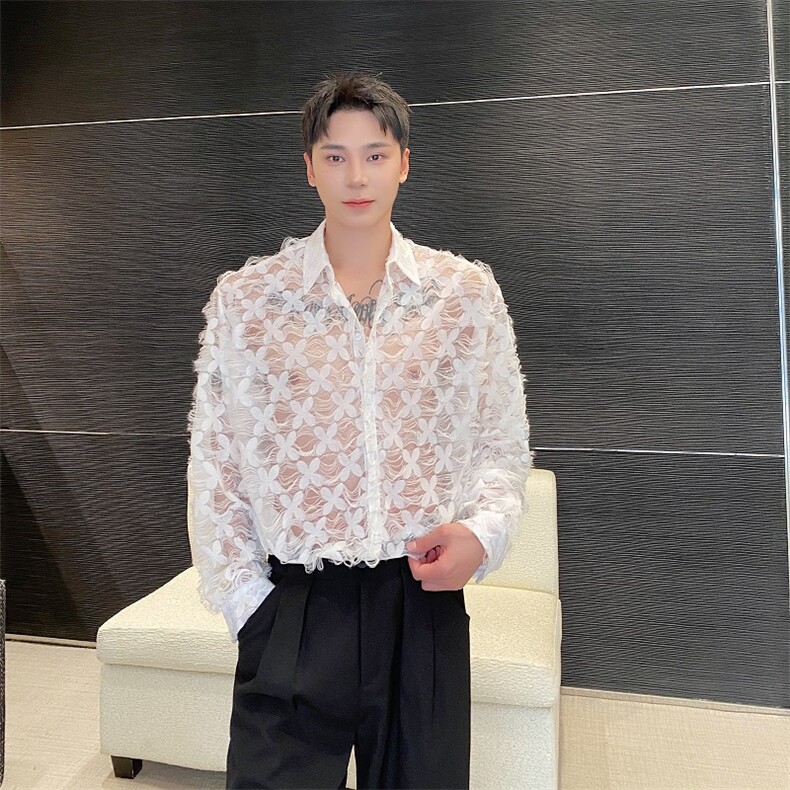春季新款方领镂空长袖衬衣个性花瓣设计感衬衫男A345-507-P75,男装衬衫,电商A345