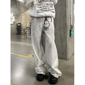 做旧脏白泼墨廓形宽松牛仔裤男高街dirtyfut拖地裤NZG514图片