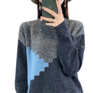 秋冬新款100%纯羊毛衫女圆领拼色针织毛衣秋冬宽松羊绒衫打底上衣图片
