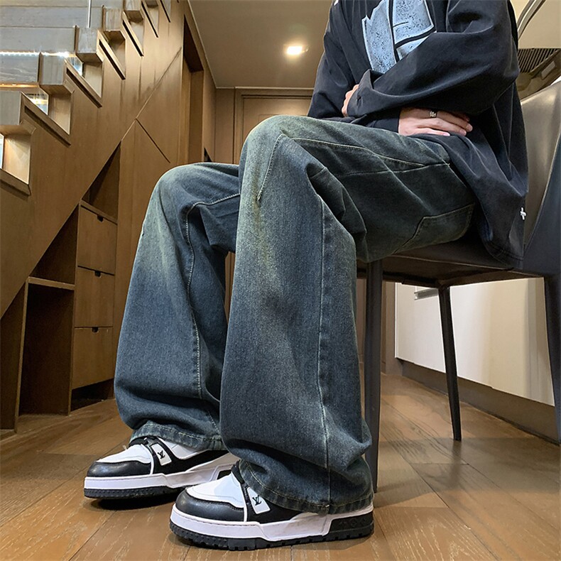 特批P45无差价2025秋美式ins高街水洗磨白猫须折皱宽松直筒牛仔裤，男装牛仔裤，星座1013-6