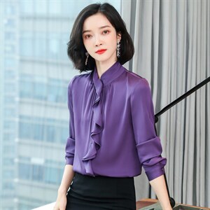 立领荷叶边真丝衬衫女长袖丝绸通勤春装木耳边真丝上衣衬衣气质图片