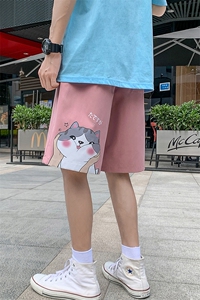 K203 P25 外景 五分裤短裤港风卡通猫印花沙滩裤休闲加大码百搭图片