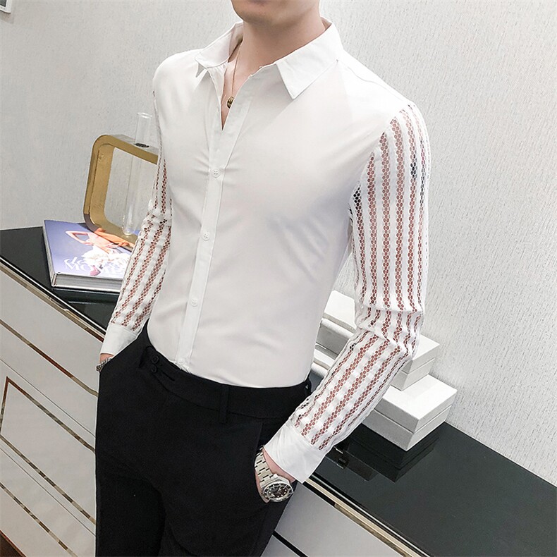 2021春秋男衬衫英伦长袖蕾丝拼接上衣韩版修身四季纯色衬衣C08特P40,男装衬衫,星座419（原A233）