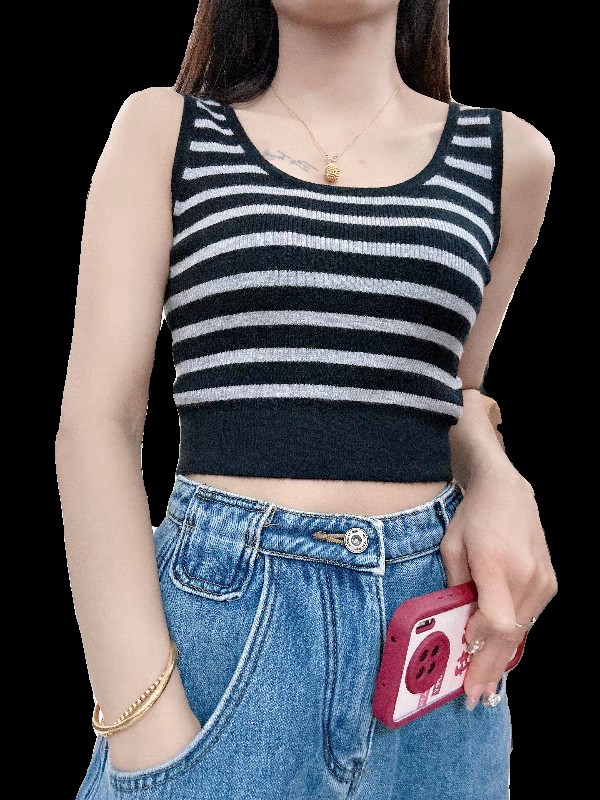新款时尚美背背心无袖条纹百搭针织,针织衫/毛衣,晨收贸易商行