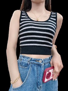 新款时尚美背背心无袖条纹百搭针织,女装针织衫/毛衣,晨收贸易商行