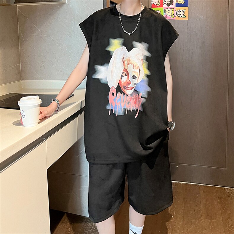 直播美式麂皮绒宽松背心无袖t恤短裤大码两件套套装TZ08-P58,男装T恤,电商A486