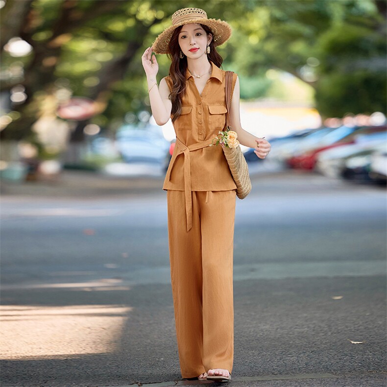 老钱风亚麻套装女2026夏新款巨好看的职业气质无袖衬衫阔腿裤穿搭,女装套装/套裙,美沁