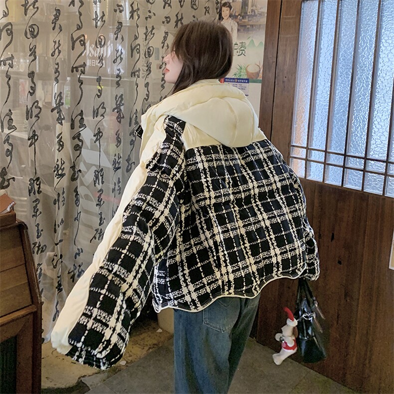 时尚黑白格子拼接连帽加厚短款羽绒服女2024冬新款学院风显瘦外套,女装羽绒服,橙子家