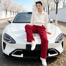 个性简约时尚套装女春季新款杏色立领长袖上衣红色阔腿长裤两件套，女装套装/套裙，江南
