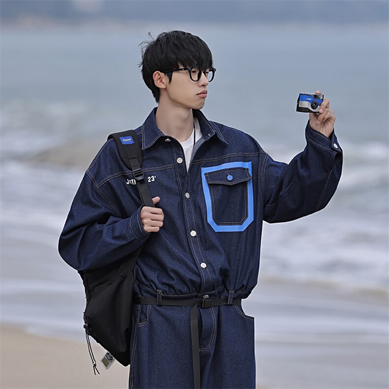 2025夏季送腰带水洗牛仔套装班服团服集体服连体衣连体服长裤,男装休闲套装,星座112A