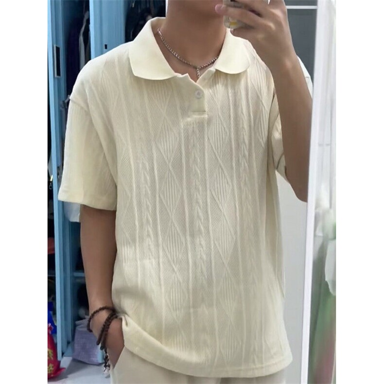 文艺男重磅肌理感针织POLO衫男女款夏季复古老钱短袖T恤-TT70,男装Polo衫,星座601-1