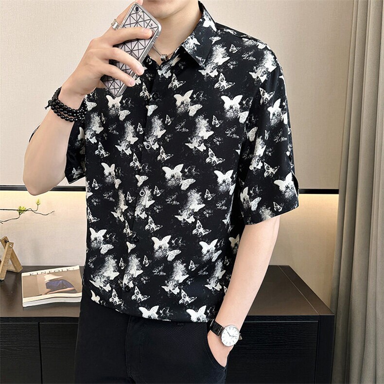 店主风~抖音夏季薄款冰丝蝴蝶印花中袖衬衫C282/特P33,男装衬衫,电商B331