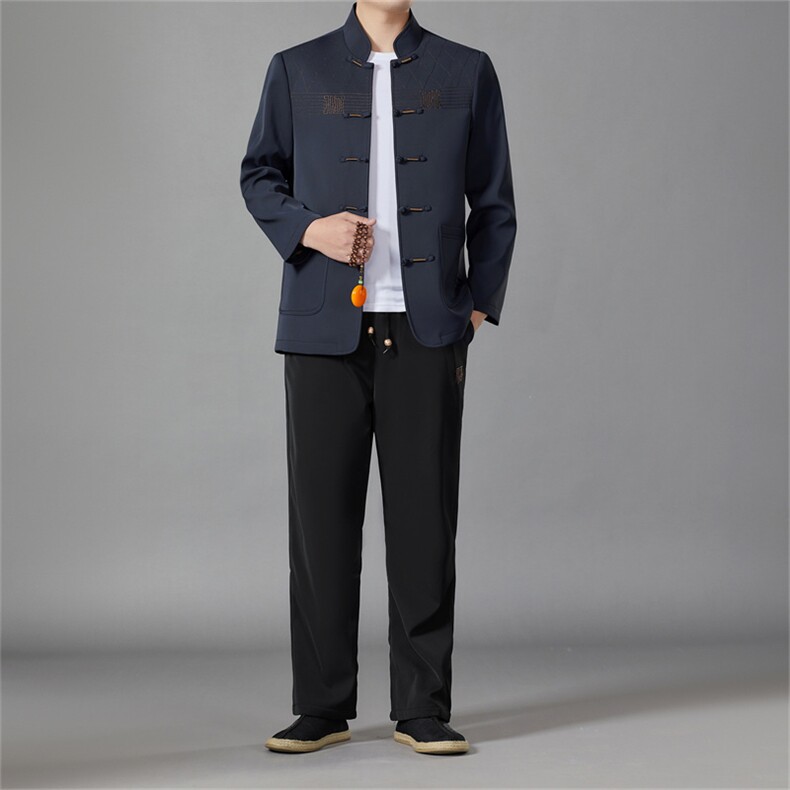 主推新款时尚中老年风唐装春款中山装盘扣男复古套装外套，男装民族服装，钱塘723