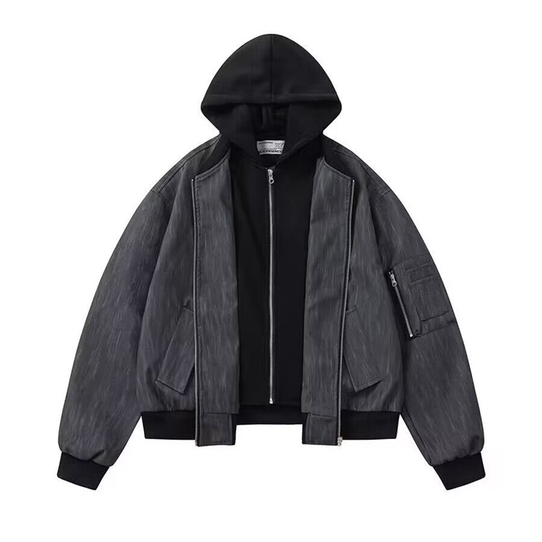 JK8539-P77高级黑灰色纹理拉链连帽假两件皮夹克男款街头宽松,男装夹克,电商B323A