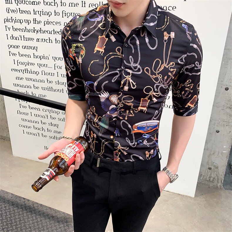 2021夏季社会风中袖花衬衫男士修身七分袖半袖衬衣A470-CS10,男装衬衫,电商A207