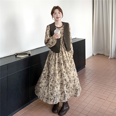 韩系复古碎花连衣裙套装女2025秋季新款高级感气质马甲长裙两件套，女装连衣裙，2C375