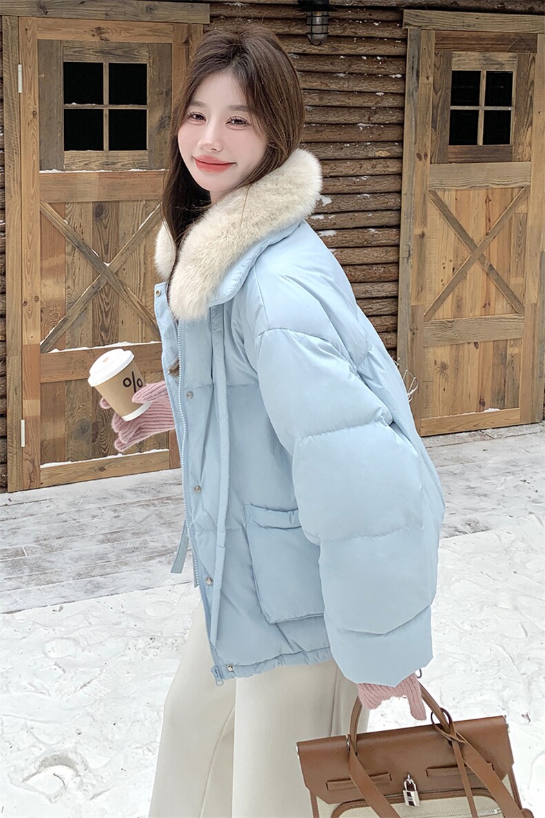 大毛领蓝色羽绒服外套女冬季2025新款小个子减龄面包服爆款高级感,女装羽绒服,2D078
