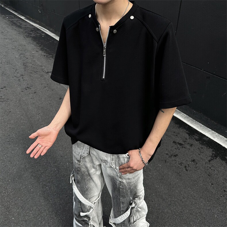 夏季亨利领半拉链小众设计垫肩短袖T恤男潮牌宽松A210A-TX20-P30，男装T恤，电商A210A