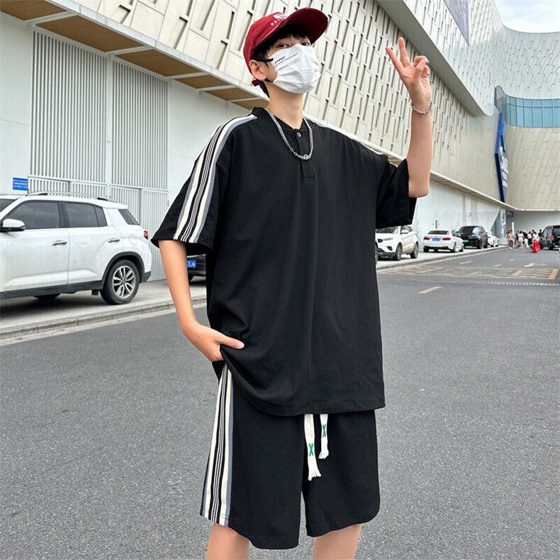 夏季现货主推大码港风情侣冰丝日系五分裤休闲运动套装S18P65,男装牛仔裤,电商B226-2（原B217-2）