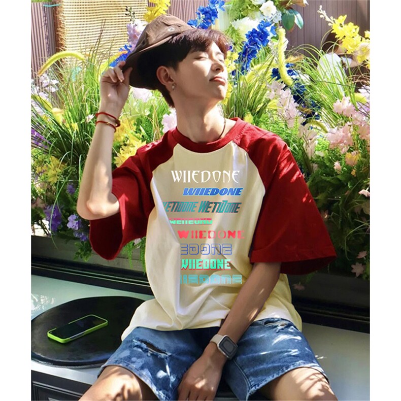 抖音得物供货240克宽松纯棉美式潮牌印花插肩袖拼接短袖T恤AT1502,男装T恤,电商A443