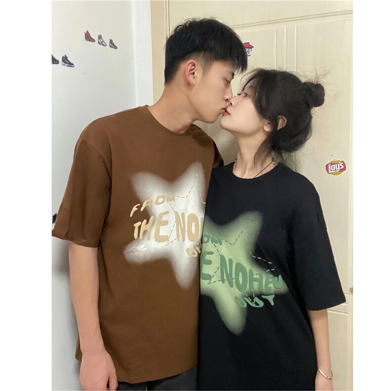 纯棉潮牌撞色星星印花t恤短袖夏季学生情侣体恤W08-P30官图,男装T恤,电商B245