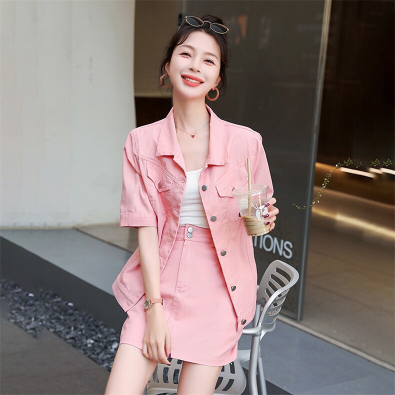 小香风高级感早春穿搭两件套装女2023甜辣炸街粉色牛仔连衣裙子夏,女装套装/套裙,天丽