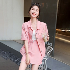 小香风高级感早春穿搭两件套装女2023甜辣炸街粉色牛仔连衣裙子夏，女装套装/套裙，天丽