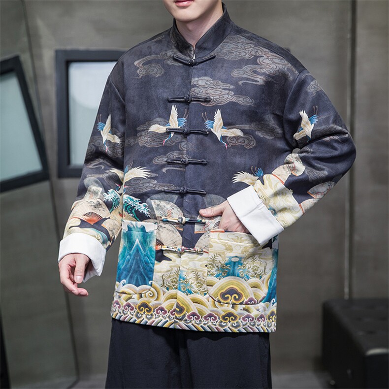 潮风手工盘扣改良潮鹿皮绒数码印花唐装外套男女款JK96，男装民族服装，星座305A（原312A-1）