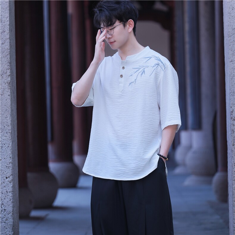 新款夏季冰丝立领短袖男风刺绣新中式大码垂感T恤男T812P55，男装T恤，电商A021A