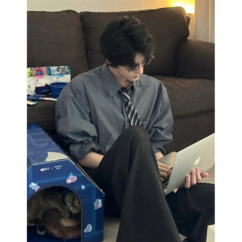 细条纹衬衫宽松廓形大版小刺绣学院长袖防晒休闲衬衣C2260,男装防晒衣,星座1116A（原606A-3）