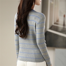 2025年秋季新款抽条拼色条纹针织上衣时尚休闲通勤百搭，女装针织衫/毛衣，阁惠羊绒