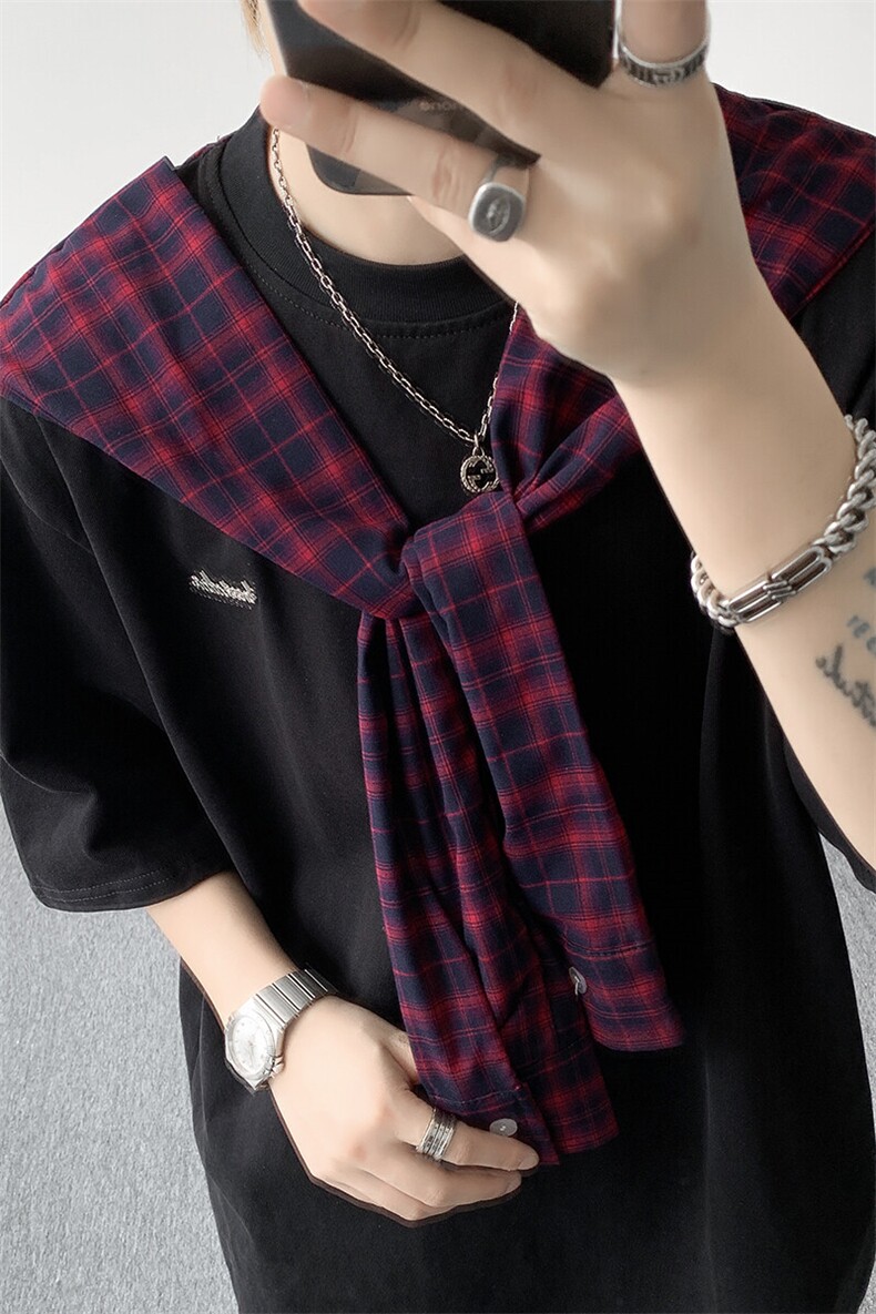 8XL-M潮情侣美式拼接打结格子假两件短袖宽松纯棉T恤男DX338,男装T恤,电商D206-1