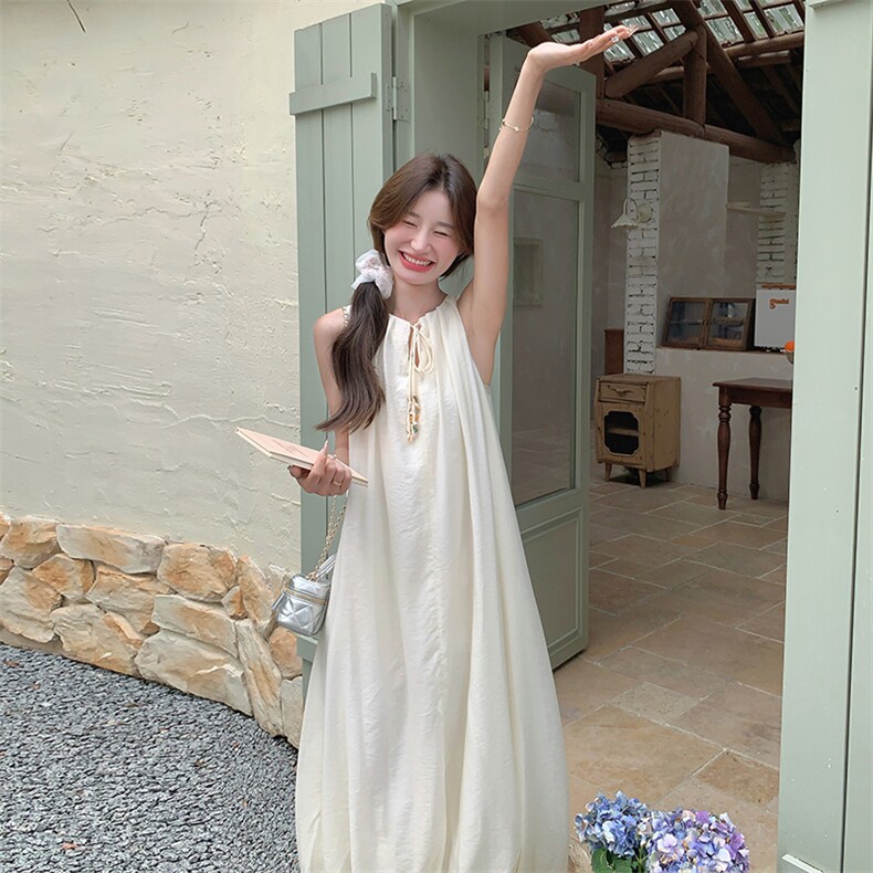 天丝麻宽松腰茧型无袖2024年夏季长裙文艺复古,女装连衣裙,诺蝶