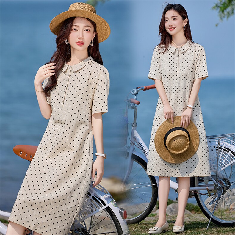 亚麻连衣裙女夏季2025新款今年超火爆款气质高端棉麻波点中长裙子,女装连衣裙,韩派