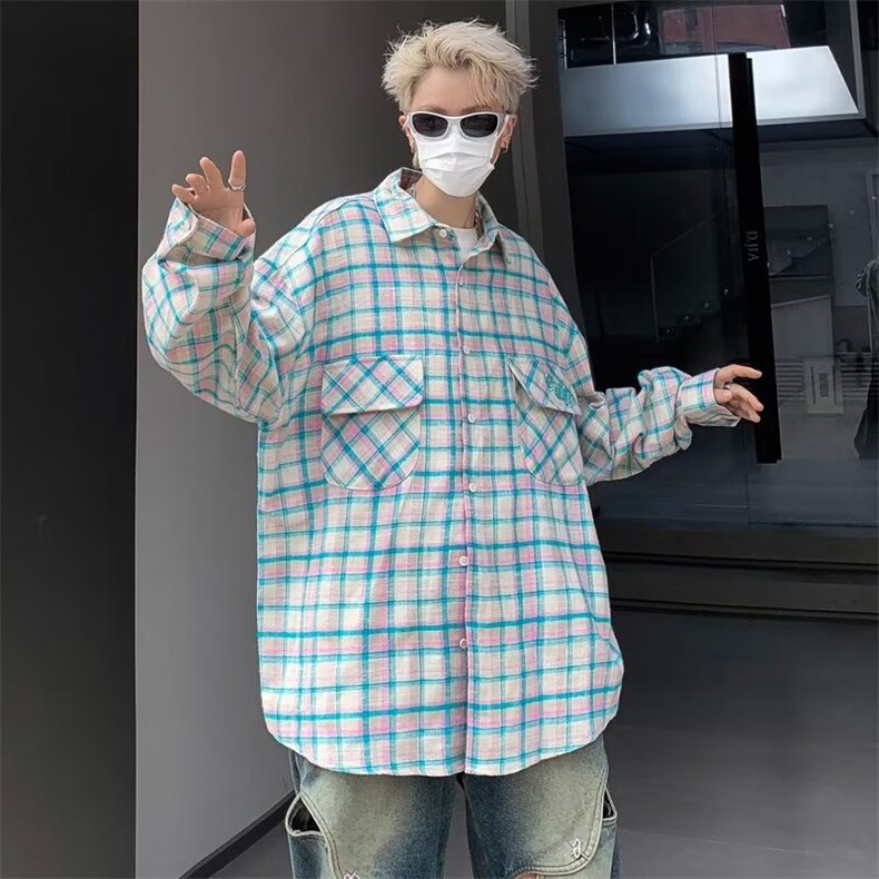 2023美式刺绣字母格子衬衫男女情侣春秋款ins甜美风防晒格纹衬衣，男装防晒衣，星座716-2