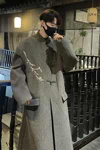秋冬立领刺绣毛呢大衣男中长款新中式潮流风衣外套812-F633-P138图片