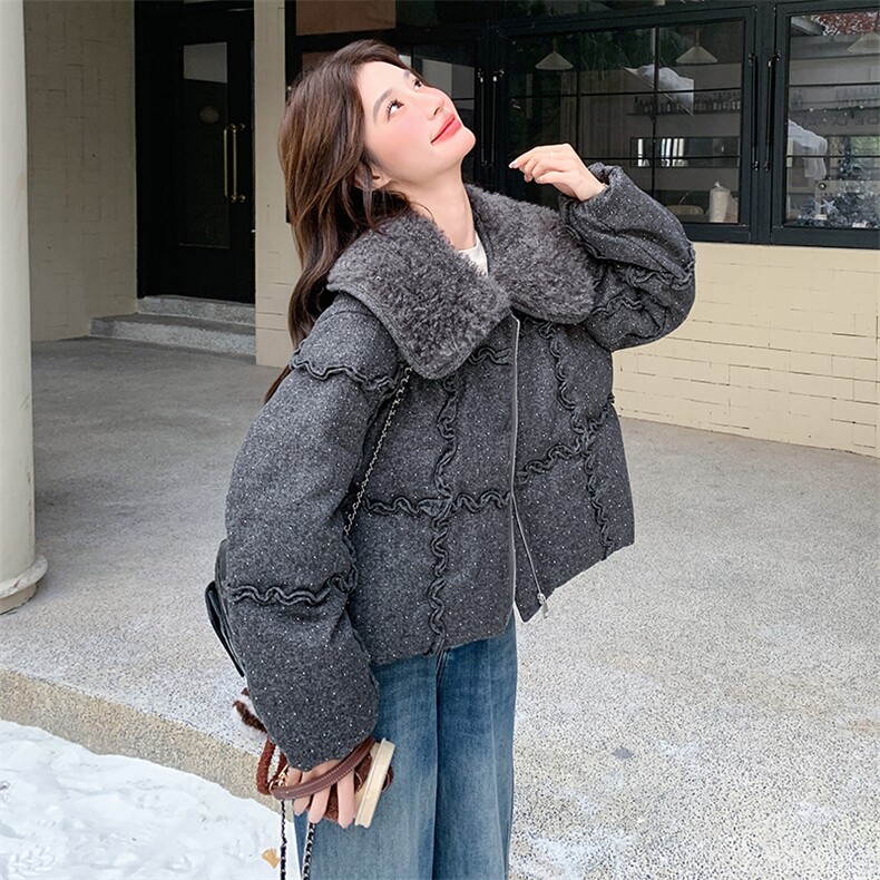 灰色羊羔毛翻领烫钻羽绒服女2025年冬季小个子加厚保暖白鸭绒外套,女装羽绒服,2C110