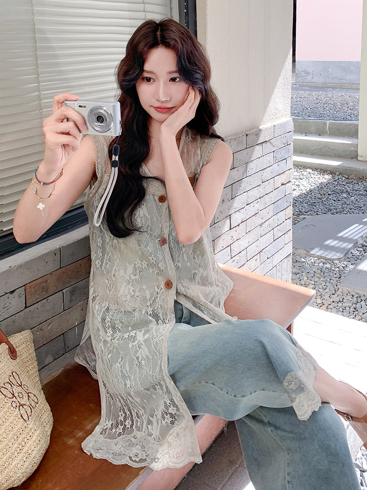 又a又飒蕾丝马甲七分牛仔阔腿裤套装女2025夏季新款小个子两件套,女装套装/套裙,浙宝305