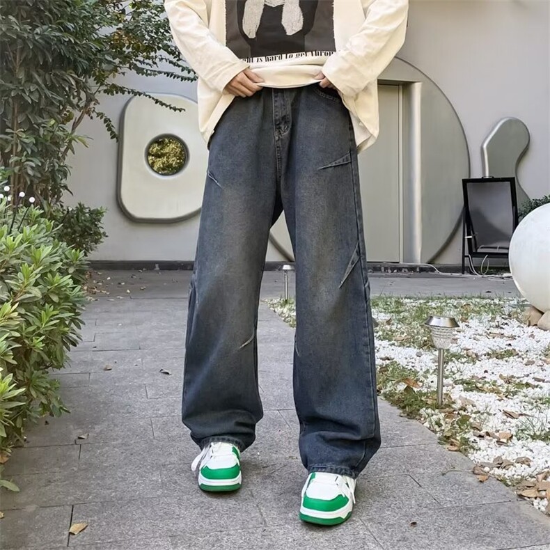 美式复古牛仔裤男春秋潮牌cleanfit宽松阔腿裤百搭高街设计感长裤,男装牛仔裤,星座601-1