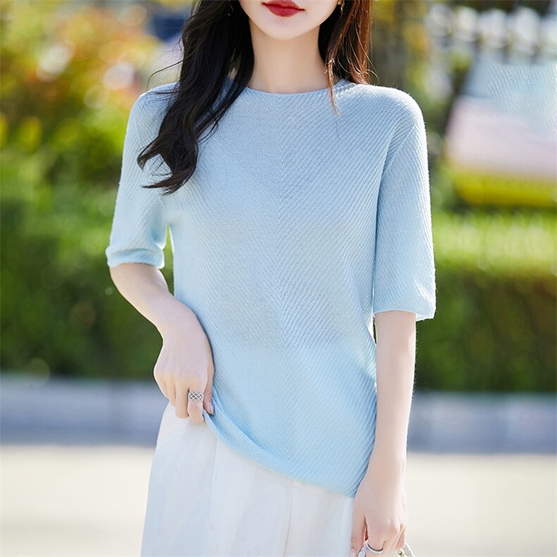 天丝莱赛尔针织半袖打底T恤女2025新鱼骨纹提花中袖小衫上衣短袖图片