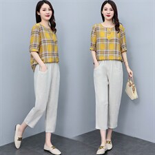 夏季大码宽松简约时尚气质减龄格子短袖上衣+休闲裤两件套装女，女装套装/套裙，妃曼