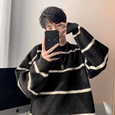 韩系慵懒风条纹毛衣男士秋冬季美式潮牌高级感软糯毛绒针织衫外套，男装针织衫/毛衣，星座1210-1