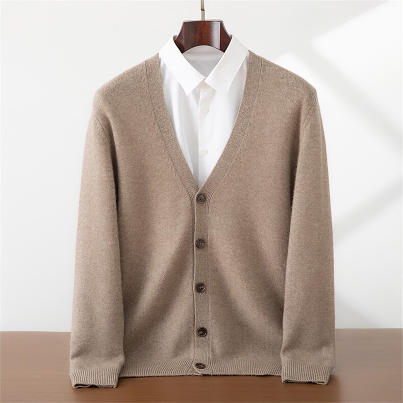 2025年秋季长袖时尚百搭通勤简约休闲V领平面开衫，男装羊绒开衫，蜜暖羊