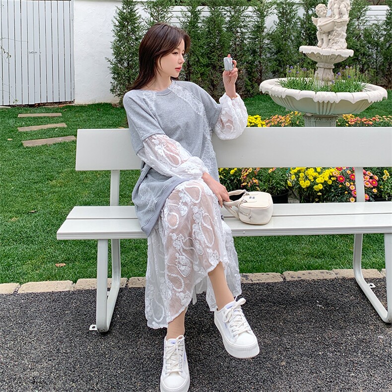 灰色蕾丝拼接假两件连衣裙女2025春季新款设计感超好看宽松卫衣裙,女装连衣裙,2C122