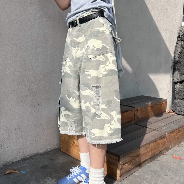 迷彩石磨毛边七分裤美式破洞工装裤阔腿短裤痞帅潮,男装牛仔裤,星座410-7